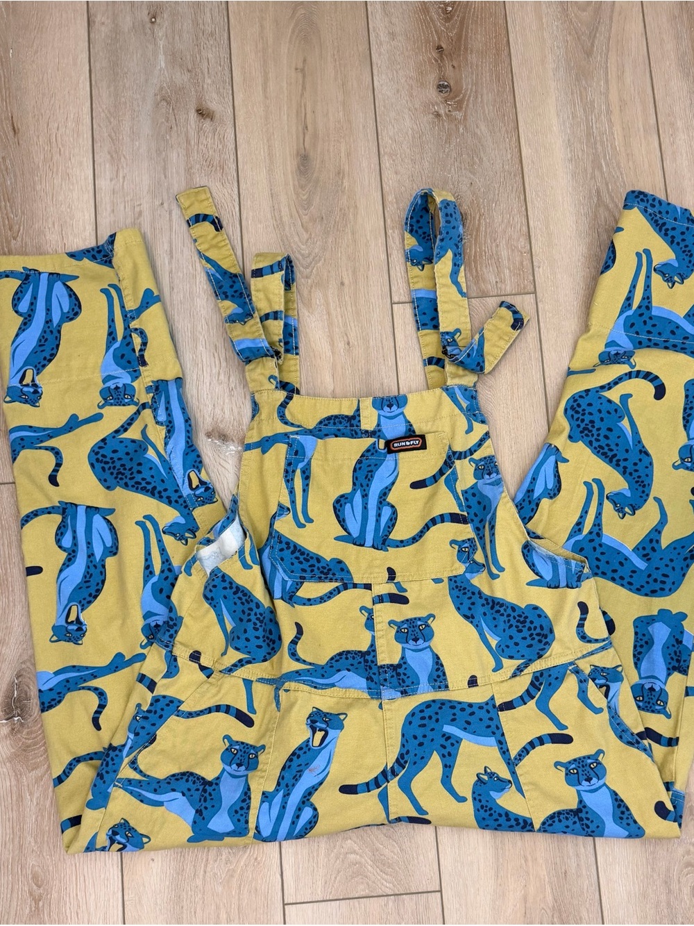 Run & Fly XXL Big Cats Mustard Blue Stretch Dungarees Overalls